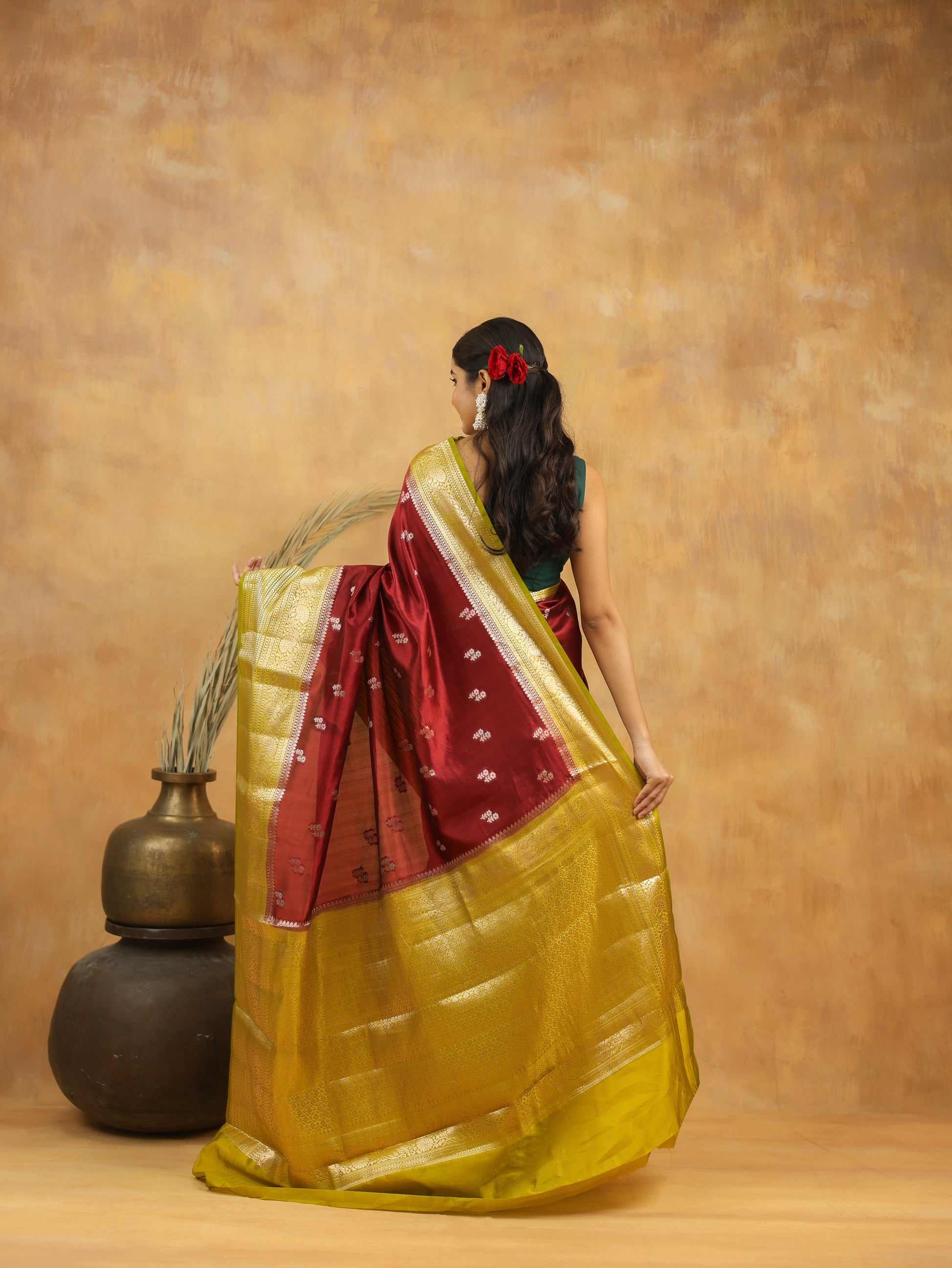 Handwoven Maroon Banarasi Raw Silk Saree with Antique Gold Zari Border