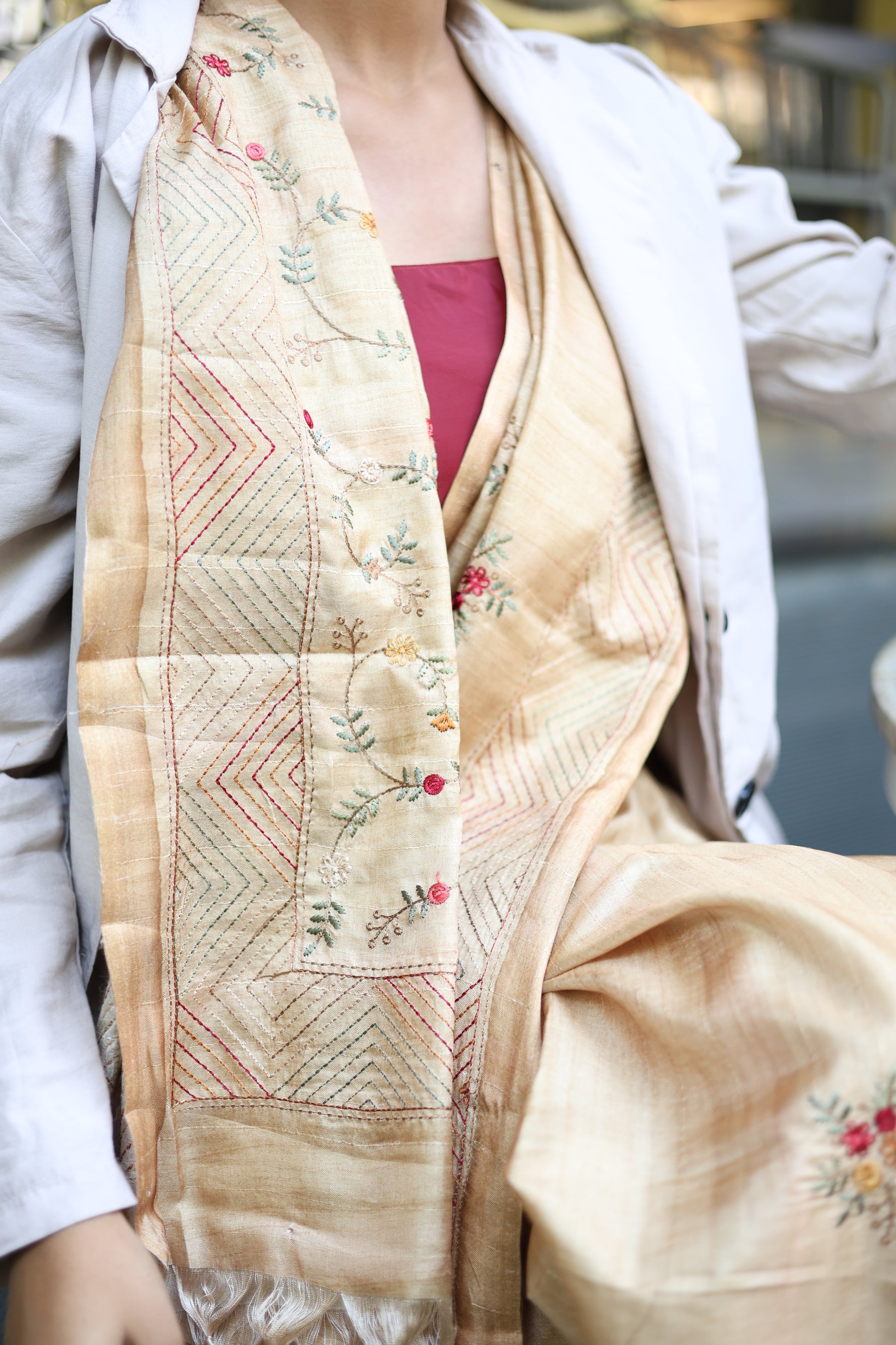 Tussar Saree with Thread Embroidery- Beige
