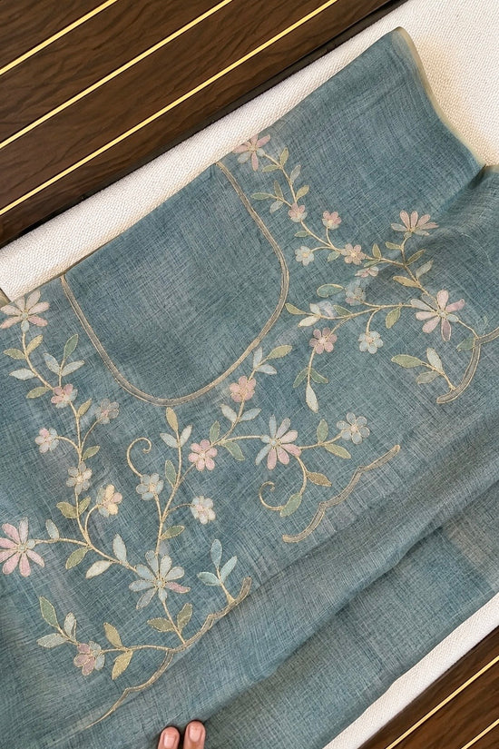 Tissue Linen Saree with Painted Florals & Delicate Aari Work- blue