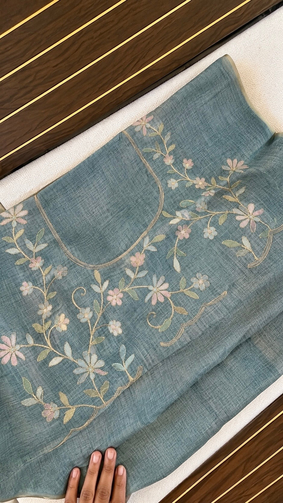 Tissue Linen Saree with Painted Florals & Delicate Aari Work- blue