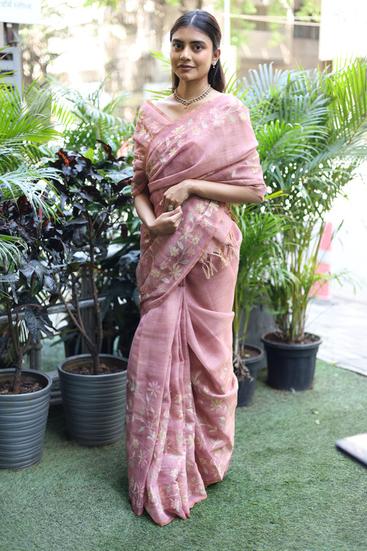 Tissue Linen Saree with Painted Florals & Delicate Aari Work- Blush Pink