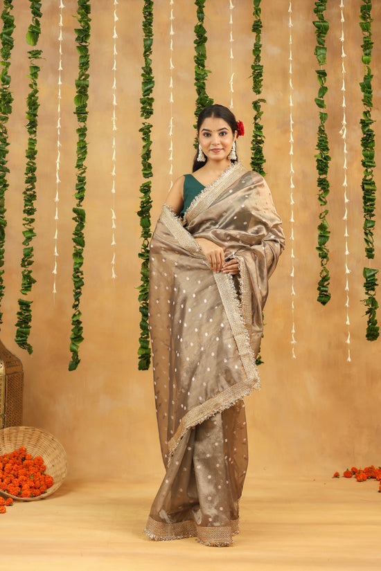 Antique Silver Banarasi Tissue Silk Saree with Polka Motifs