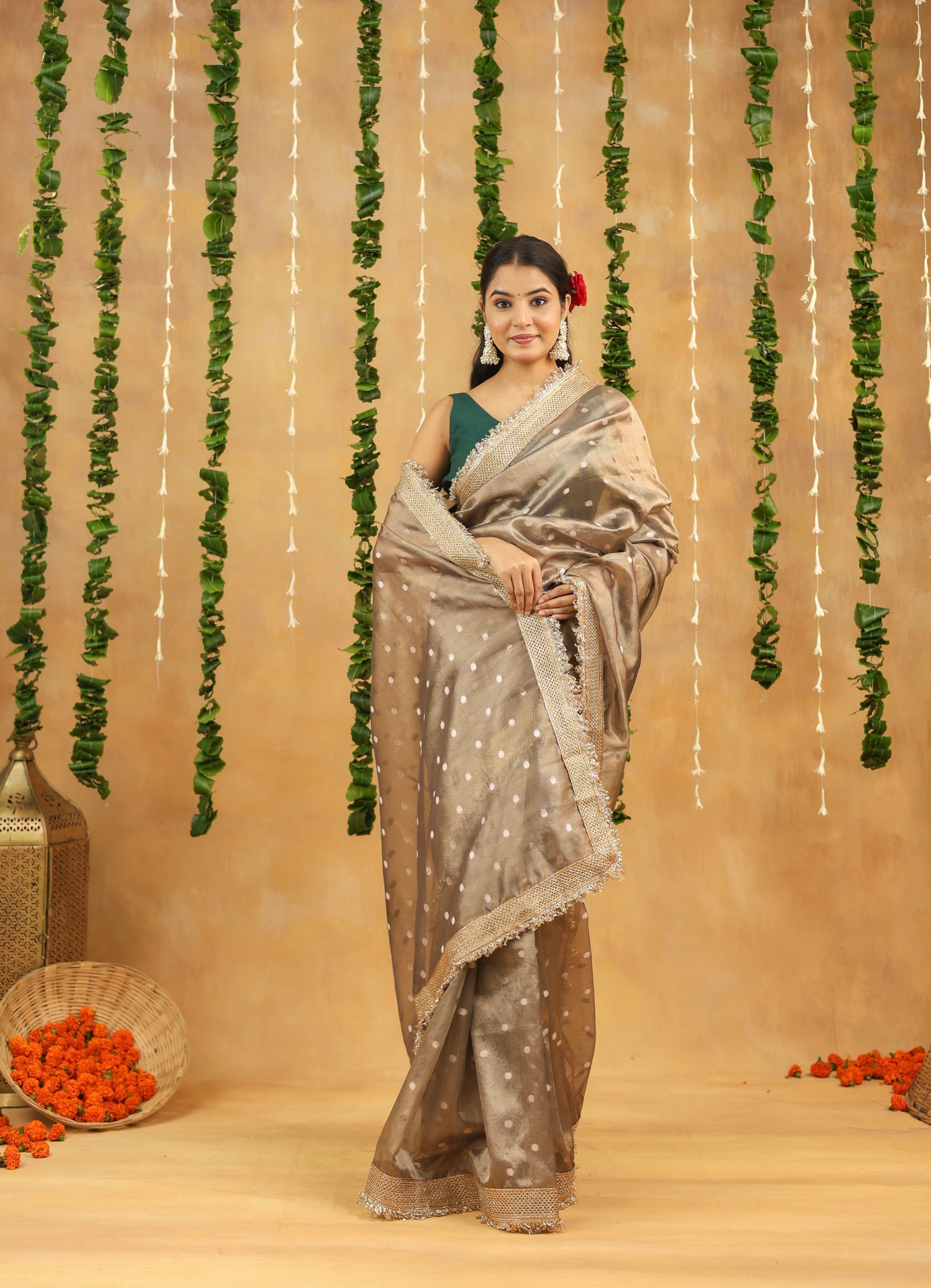 Antique Silver Banarasi Tissue Silk Saree with Polka Motifs