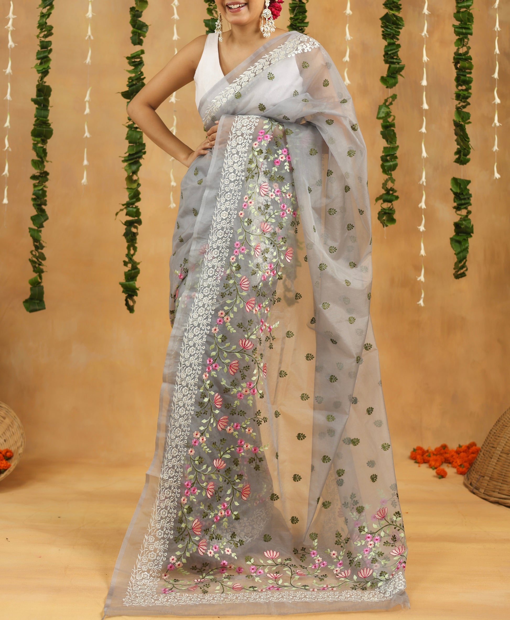 Silver Grey with Multi Color Floral Embroidered Organza Saree
