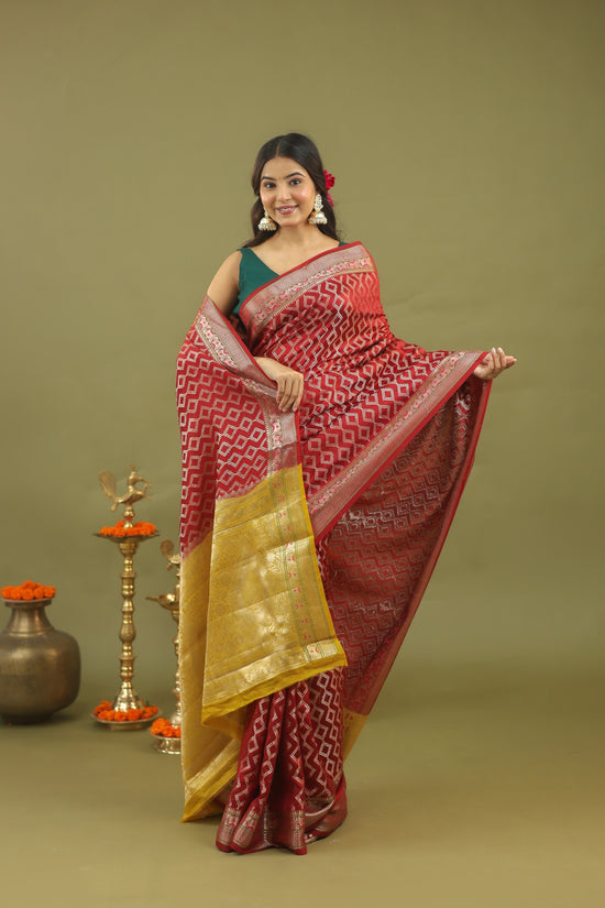 Red-Gold Geometric Pure Tussar Silk Saree with Zari Border