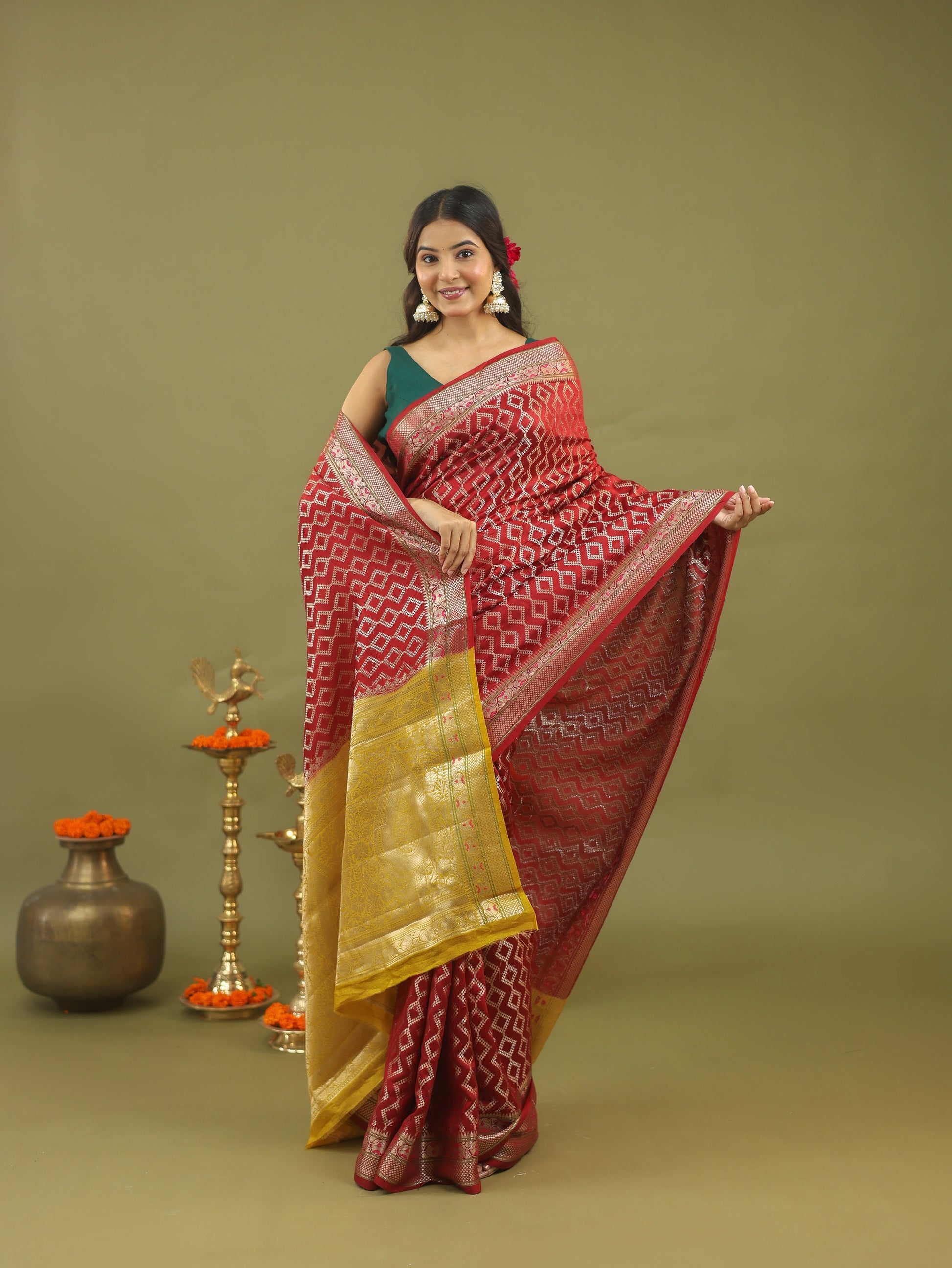 Red-Gold Geometric Pure Tussar Silk Saree with Zari Border