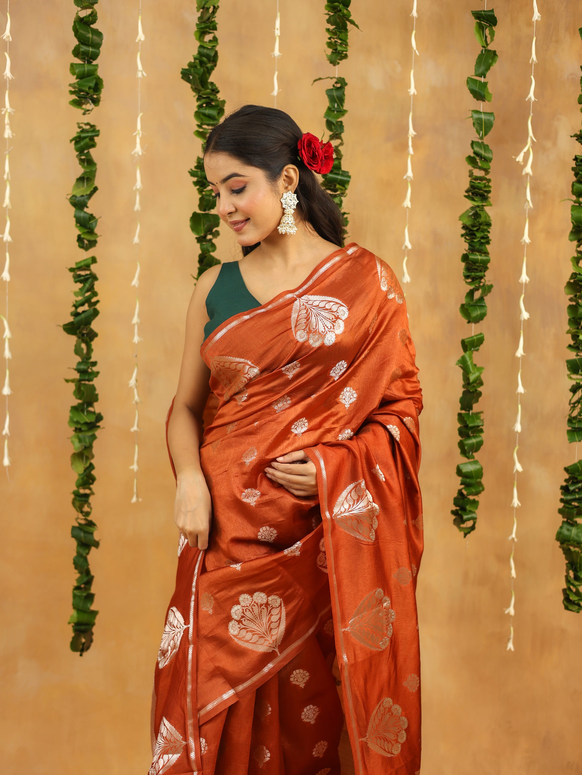 Rust Orange Pure Tussar Silk Saree with Silver Zari Buta & Rich Pallu