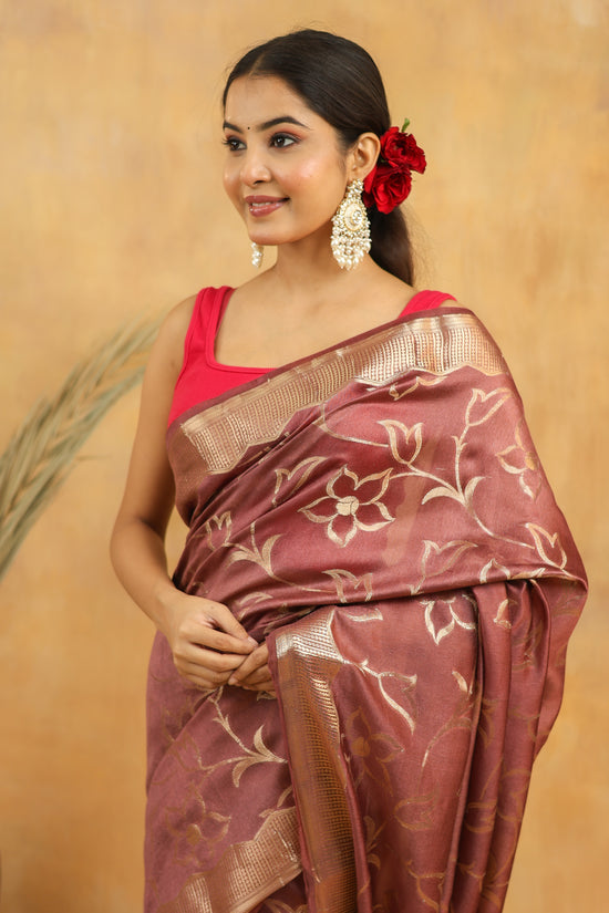 Rust Brown Pure Tussar Silk Saree with Silver Zari Floral Motifs & Border