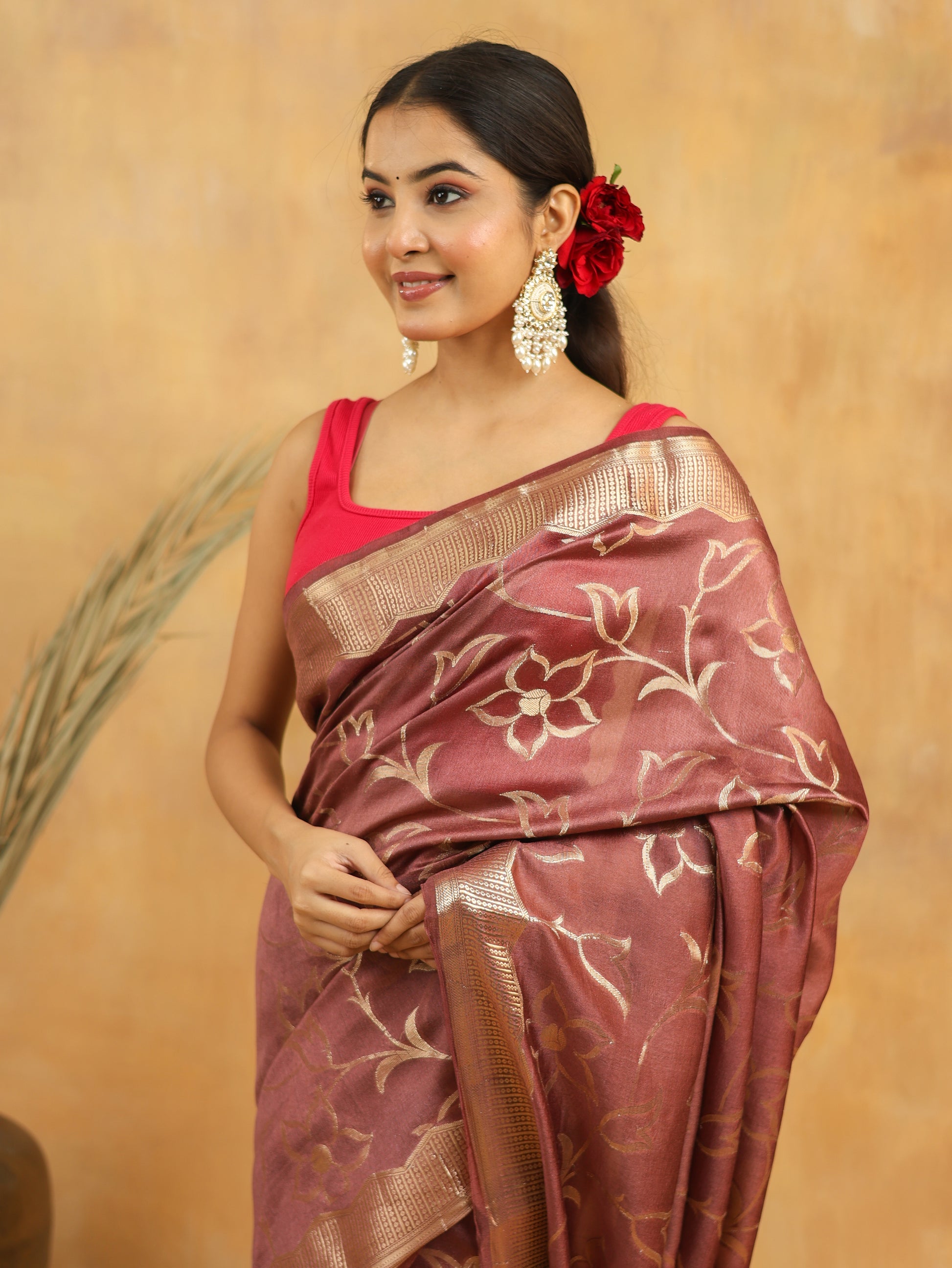 Rust Brown Pure Tussar Silk Saree with Silver Zari Floral Motifs & Border