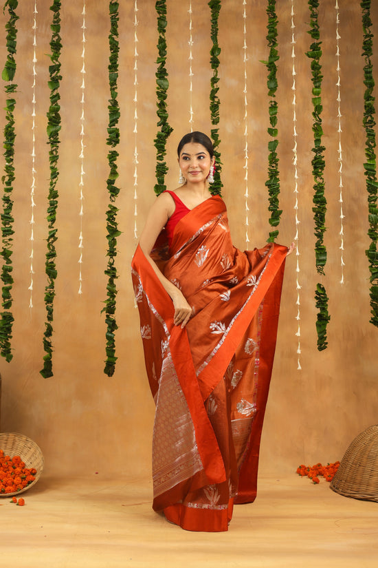 Rust Brown Pure Viscose Silk saree with Silver Zari motifs