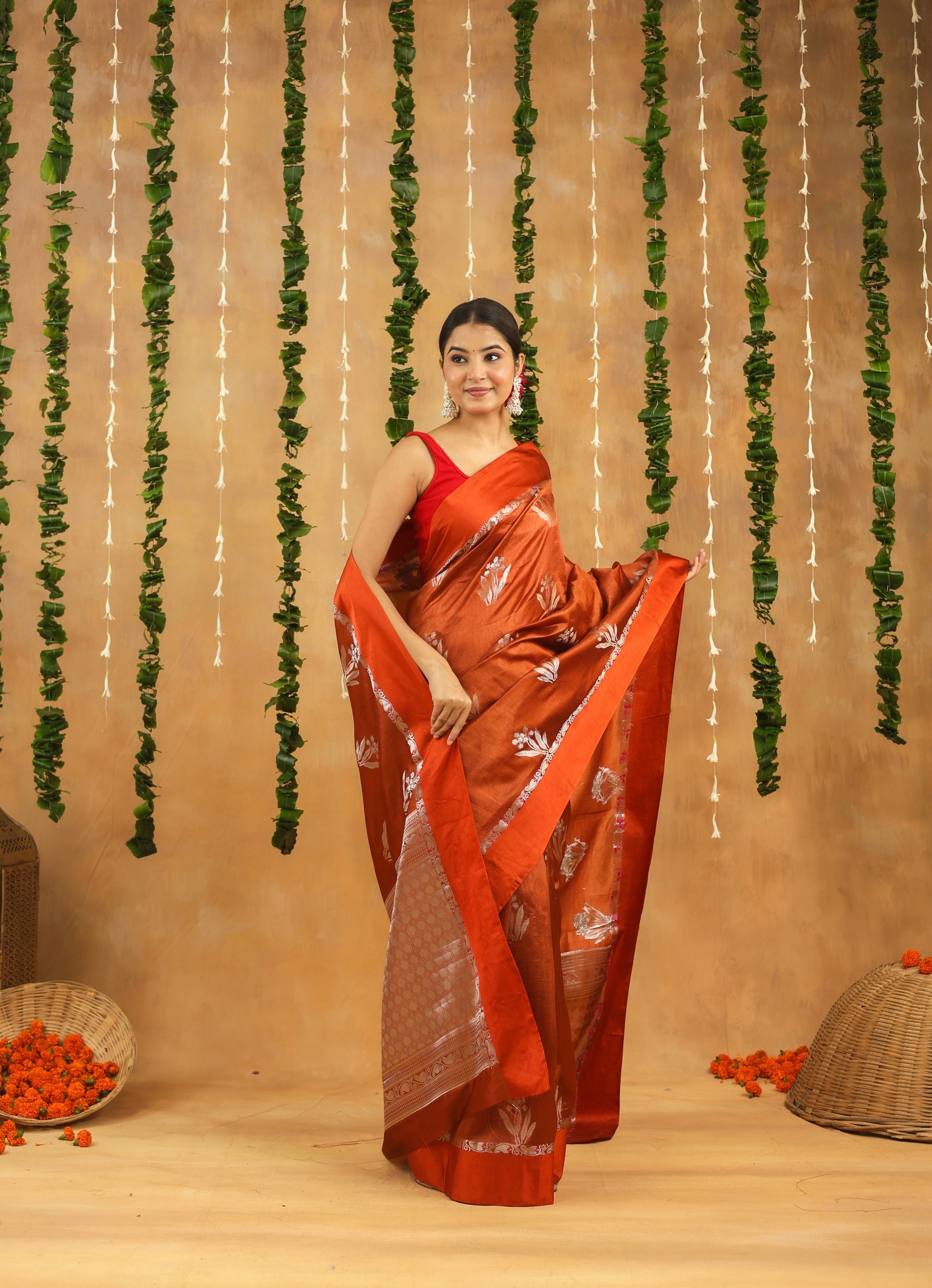 Rust Brown Pure Viscose Silk saree with Silver Zari motifs