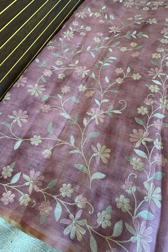 Tissue Linen Saree with Painted Florals & Delicate Aari Work- Blush Pink