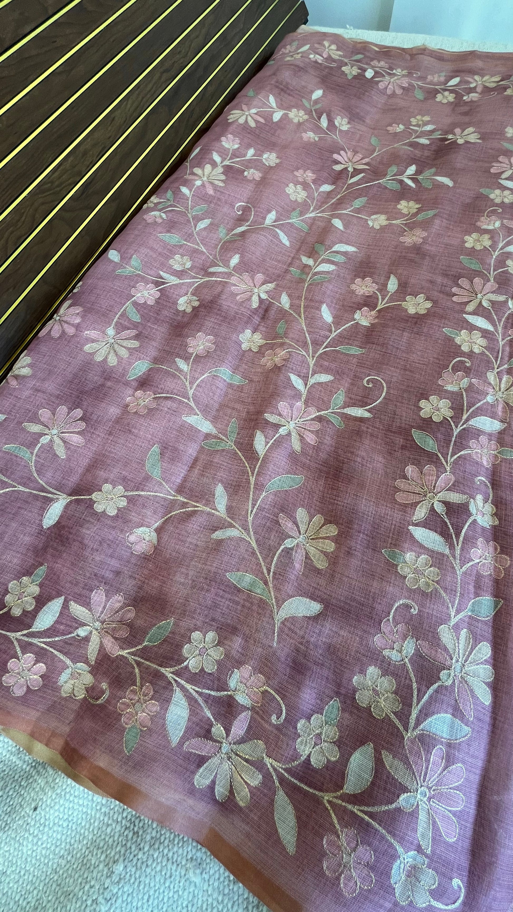 Tissue Linen Saree with Painted Florals & Delicate Aari Work- Blush Pink