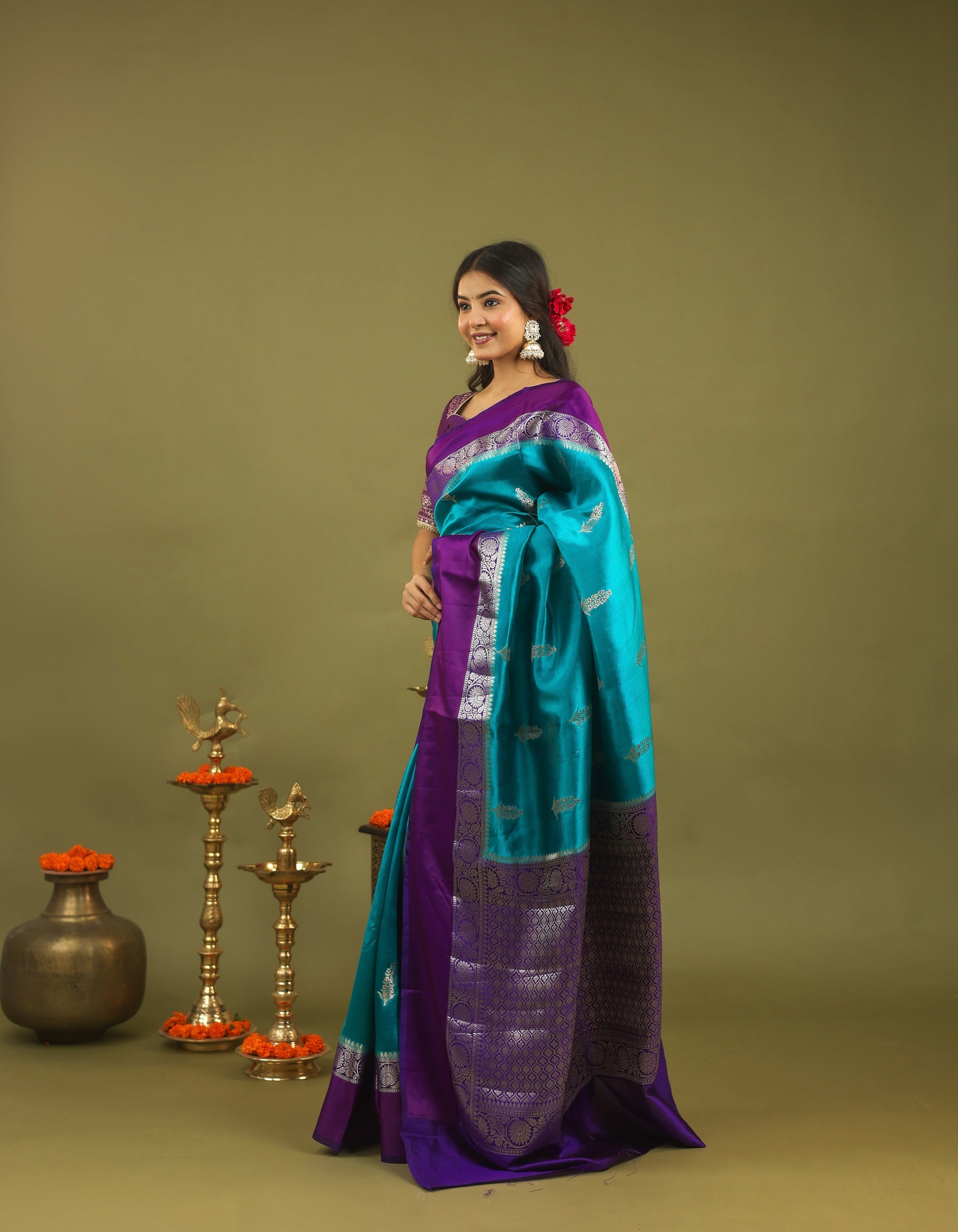 Regal Banarasi Raw Silk Saree in Teal Blue with Royal Purple Border & Silver Zari