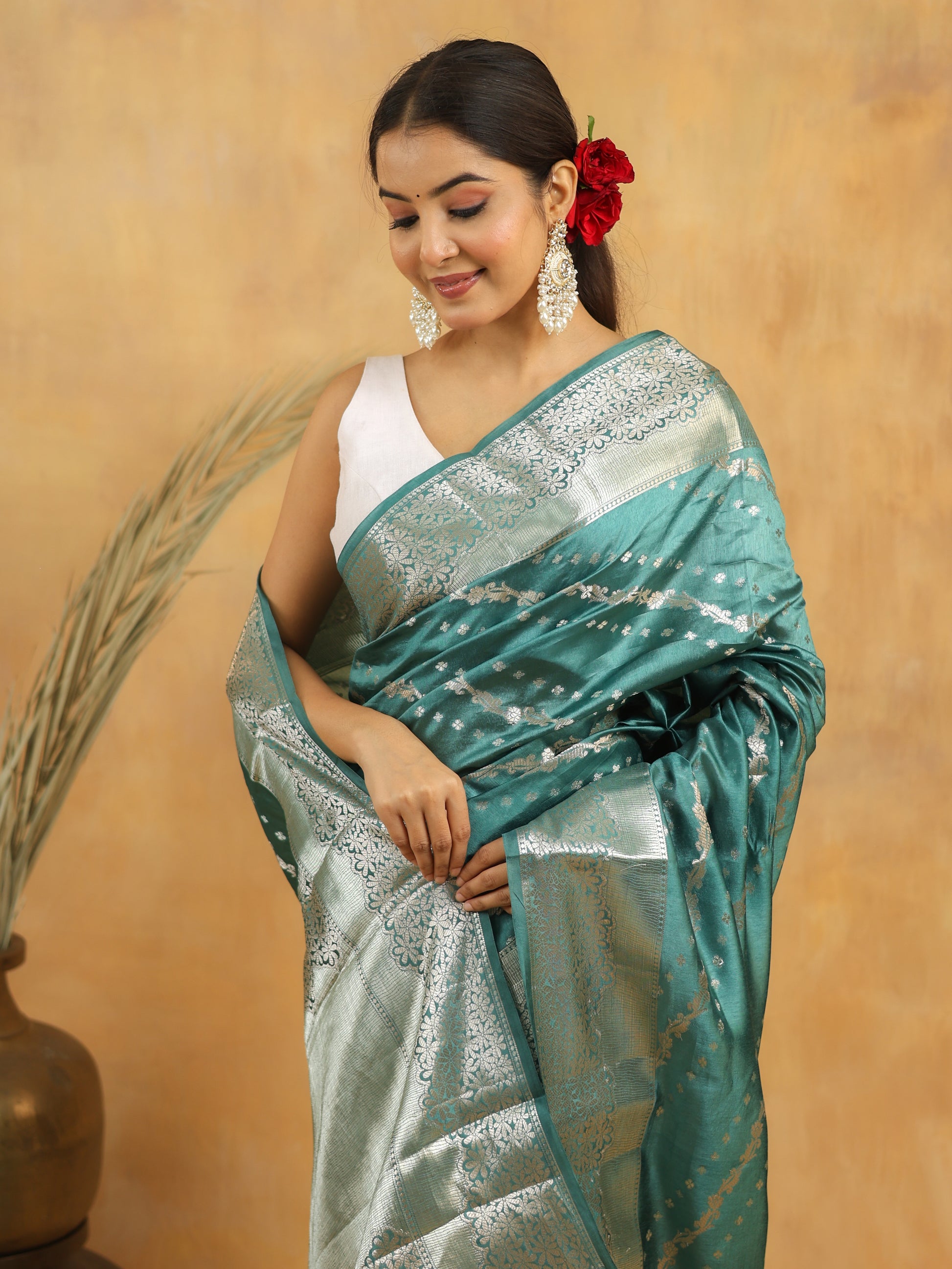 Pure Viscose Silk Saree in Teal Green with Silver Zari Border