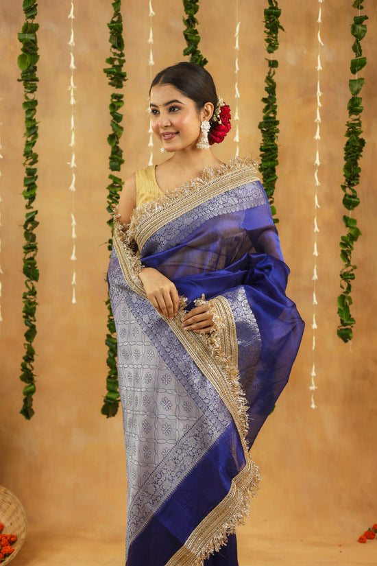 Royal Blue Banarasi Tissue Saree with Silver Zari & Gota Patti Work