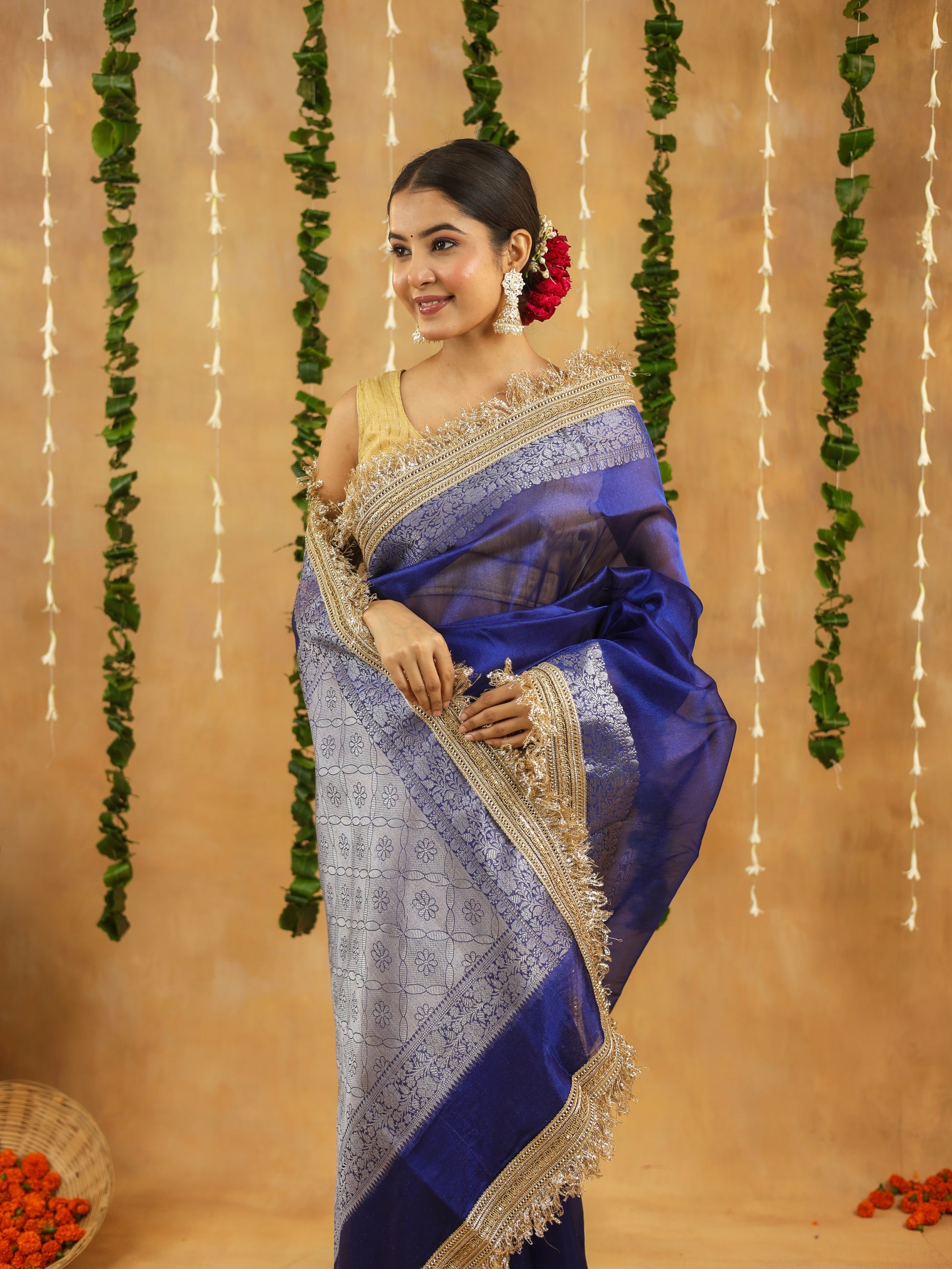 Royal Blue Banarasi Tissue Saree with Silver Zari & Gota Patti Work