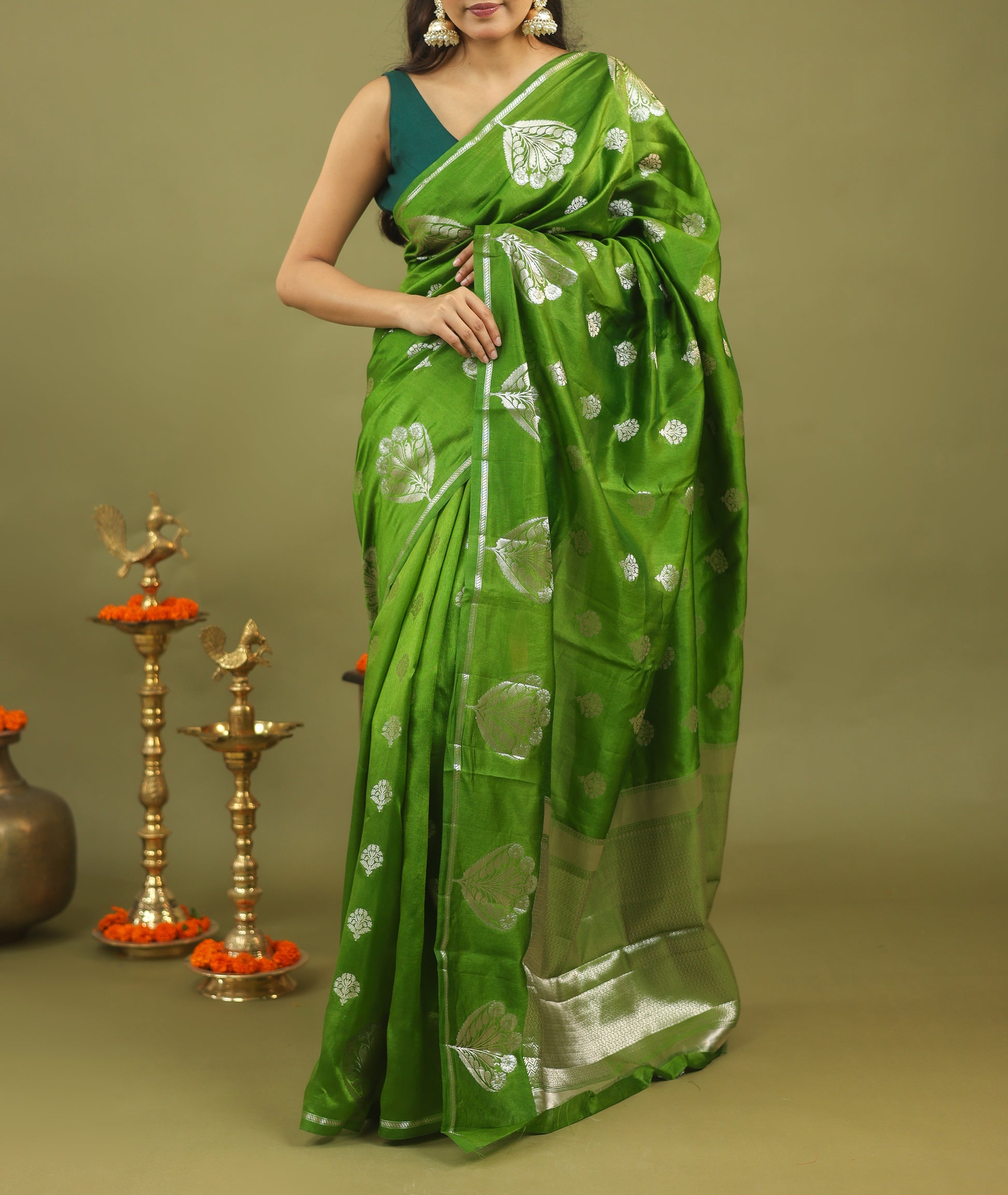 Parrot Green Pure Tussar Silk Saree with Silver Zari Buta & Rich Pallu