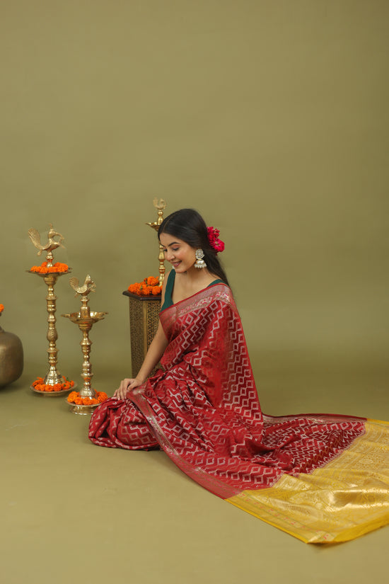 Red-Gold Geometric Pure Tussar Silk Saree with Zari Border