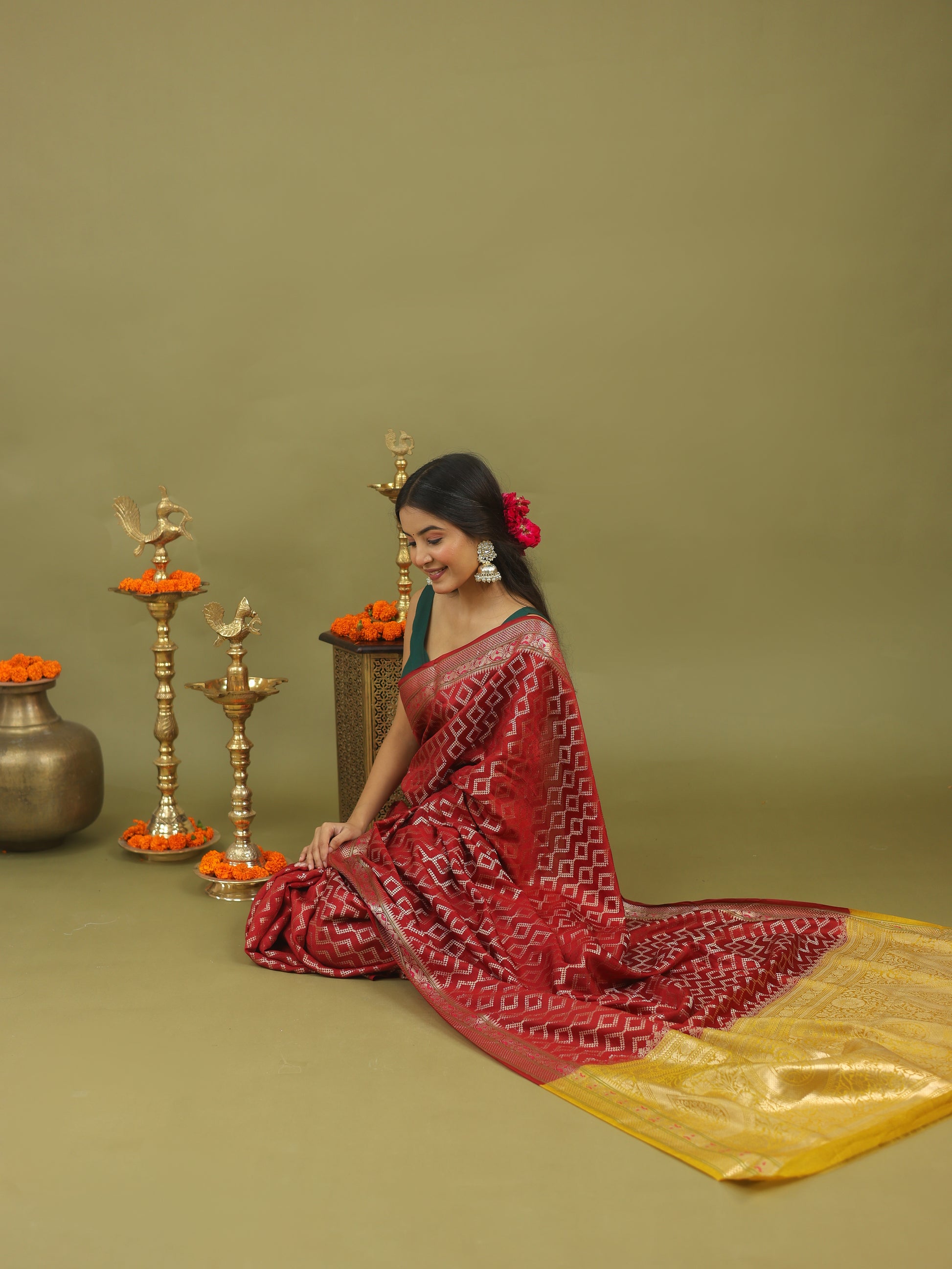 Red-Gold Geometric Pure Tussar Silk Saree with Zari Border