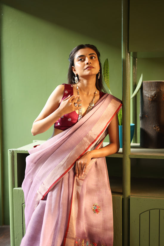 Premium Tissue Linen Sarees with Hand Embroidery- Blush Lilac