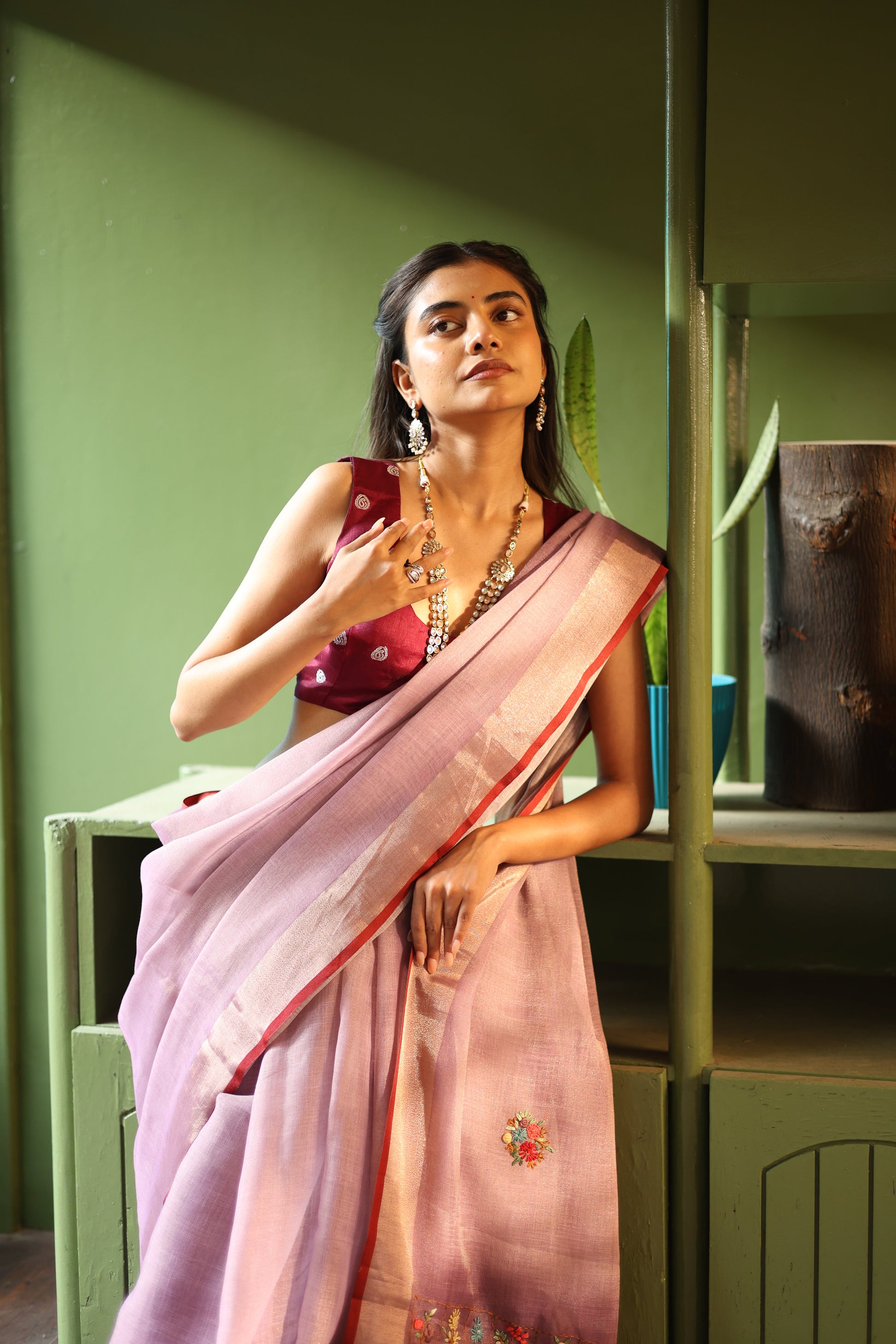 Premium Tissue Linen Sarees with Hand Embroidery- Blush Lilac