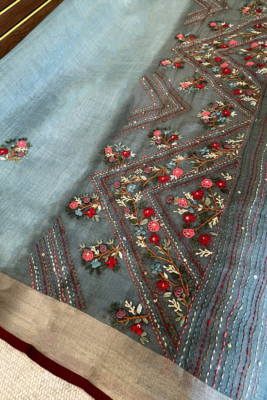 Premium Tissue Linen Sarees with Hand Embroidery- blue
