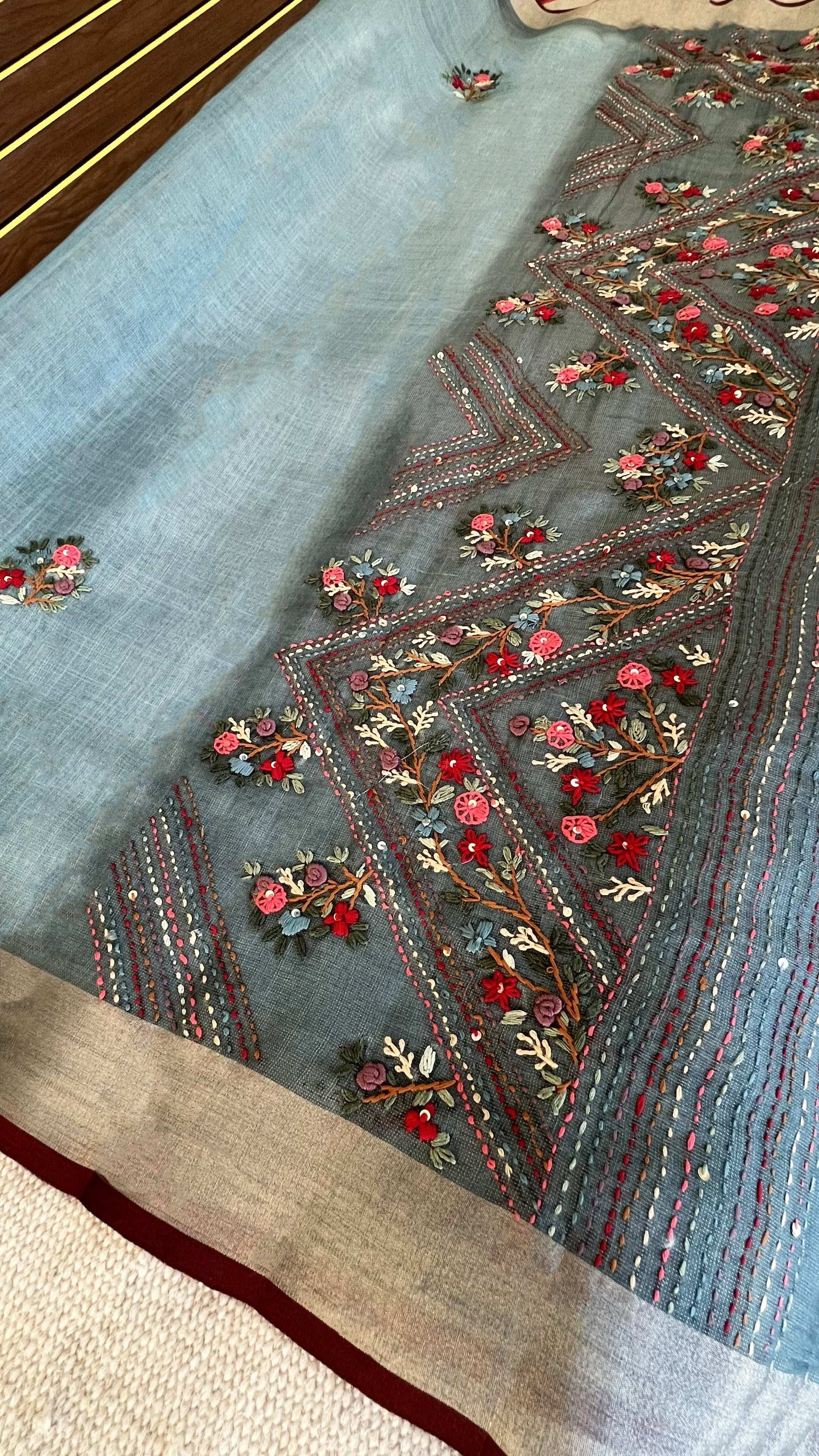Premium Tissue Linen Sarees with Hand Embroidery- blue