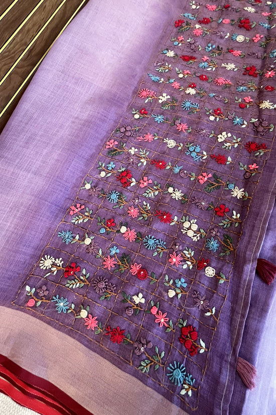 Premium Tissue Linen Sarees with Hand Embroidery- Blush Lilac