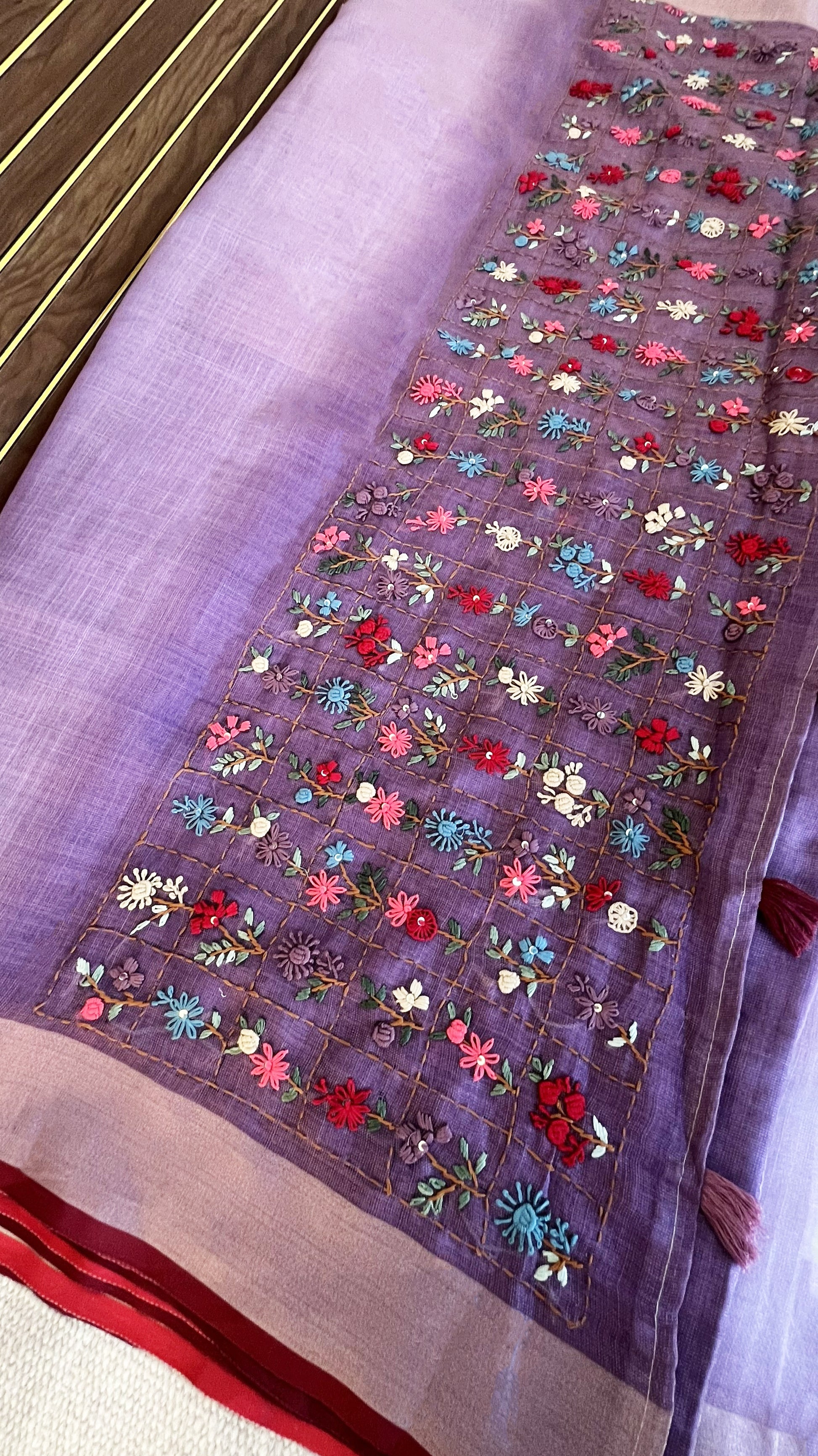 Premium Tissue Linen Sarees with Hand Embroidery- Blush Lilac