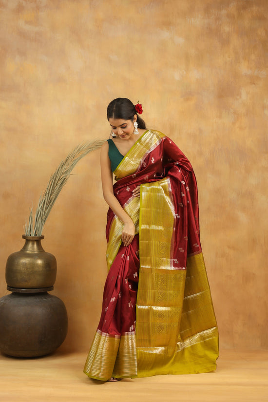 Handwoven Maroon Banarasi Raw Silk Saree with Antique Gold Zari Border