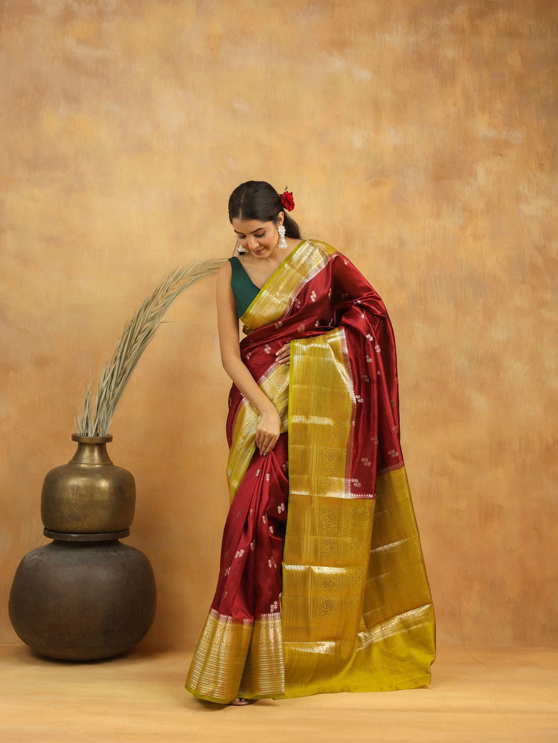 Handwoven Maroon Banarasi Raw Silk Saree with Antique Gold Zari Border