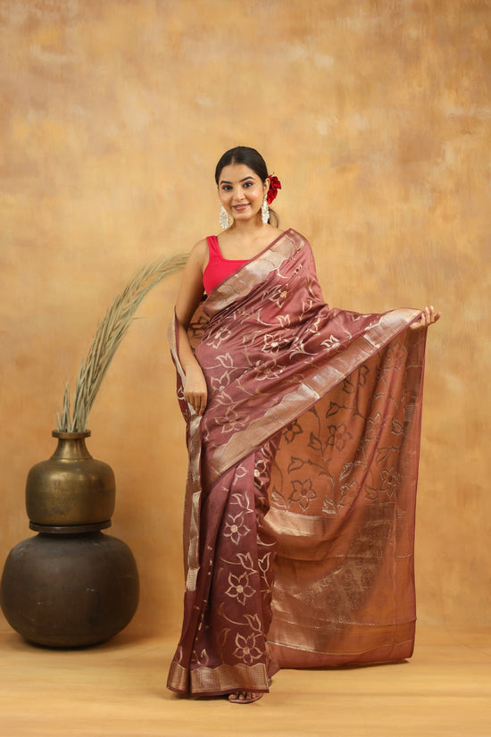 Rust Brown Pure Tussar Silk Saree with Silver Zari Floral Motifs & Border