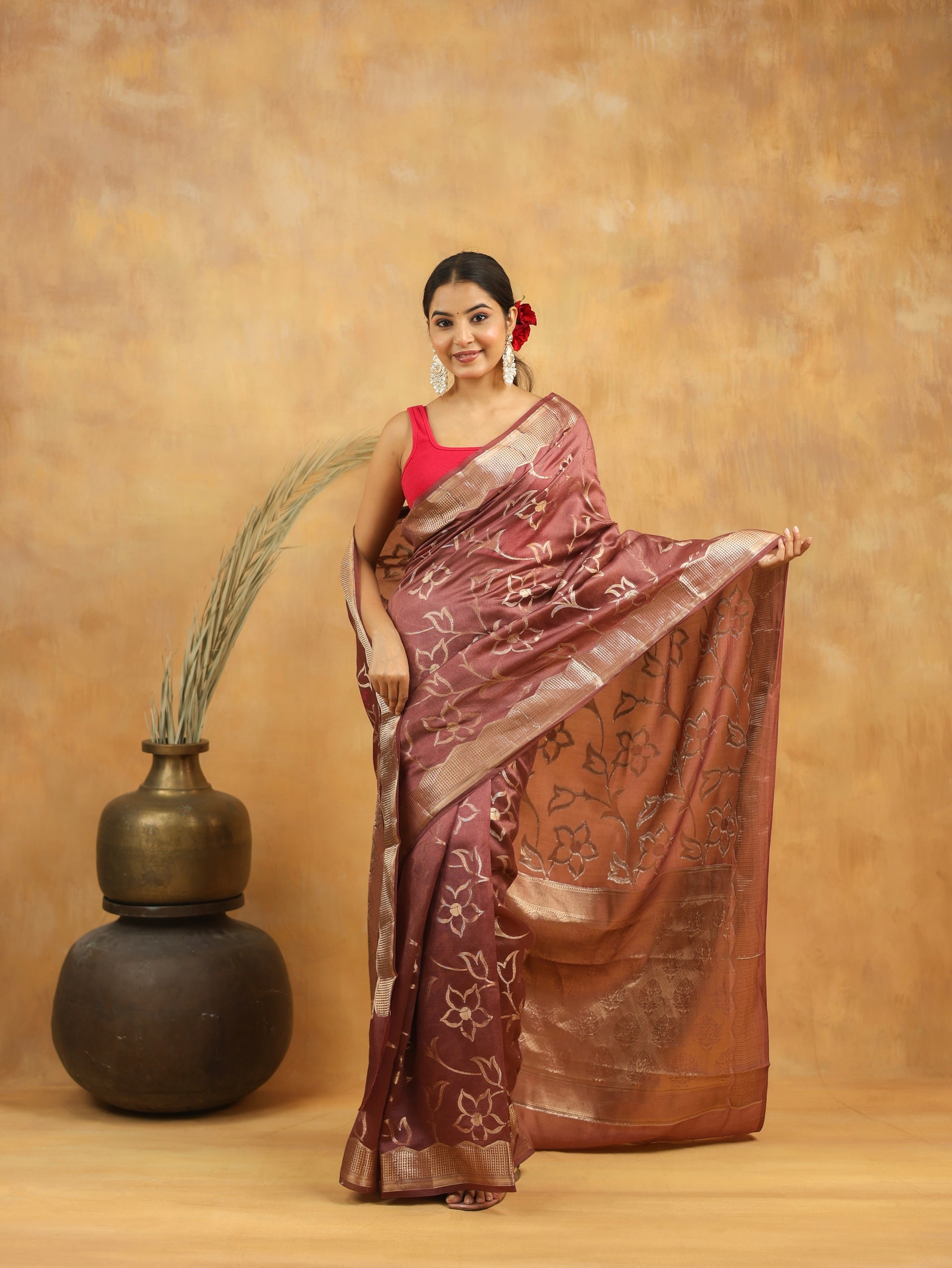 Rust Brown Pure Tussar Silk Saree with Silver Zari Floral Motifs & Border