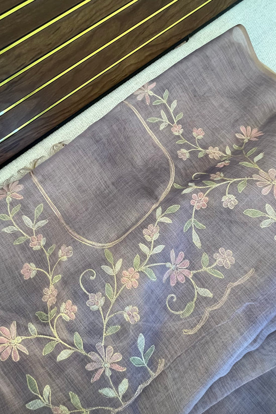 Tissue Linen Saree with Painted Florals & Delicate Aari Work- lavender