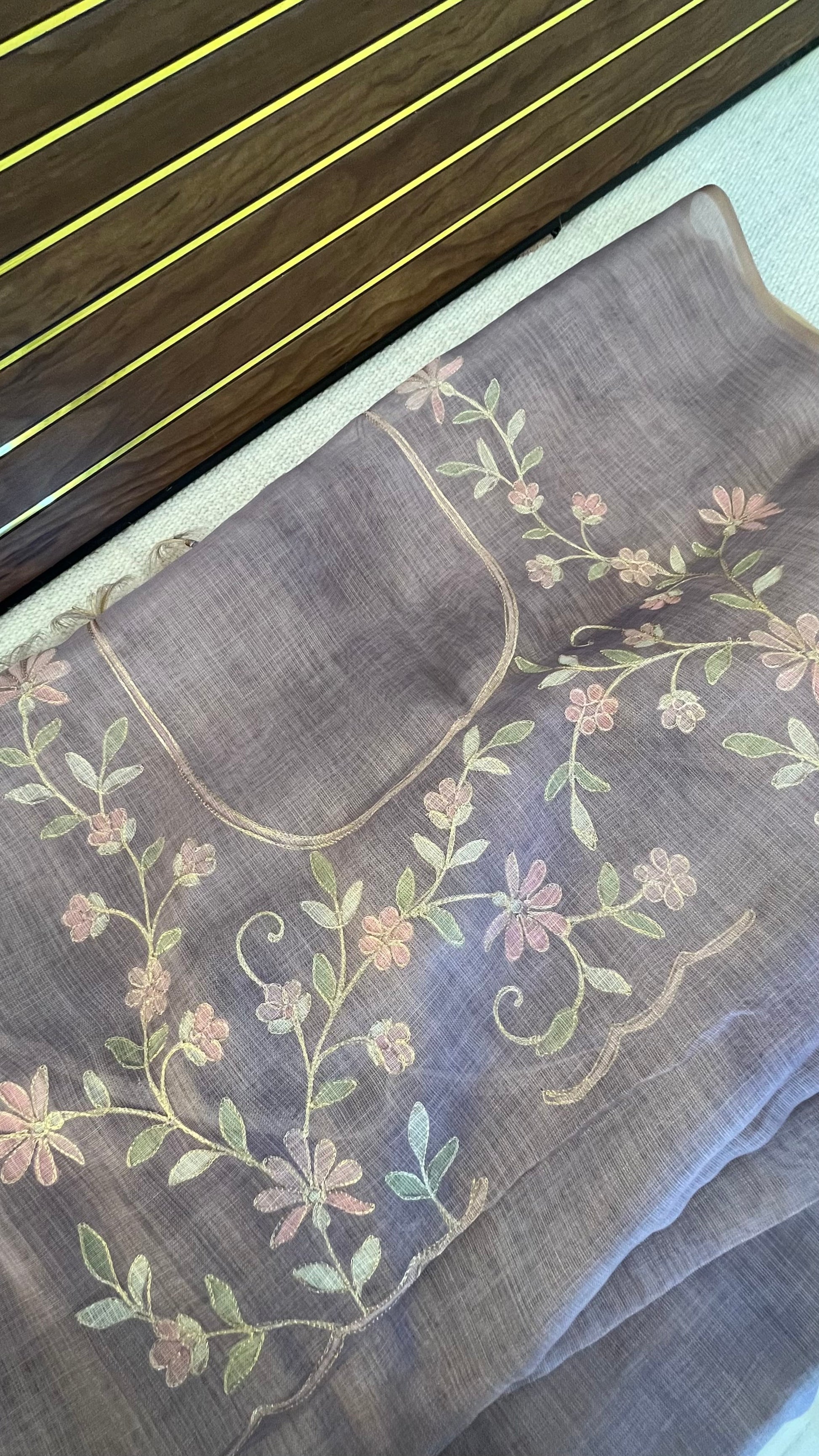 Tissue Linen Saree with Painted Florals & Delicate Aari Work- lavender