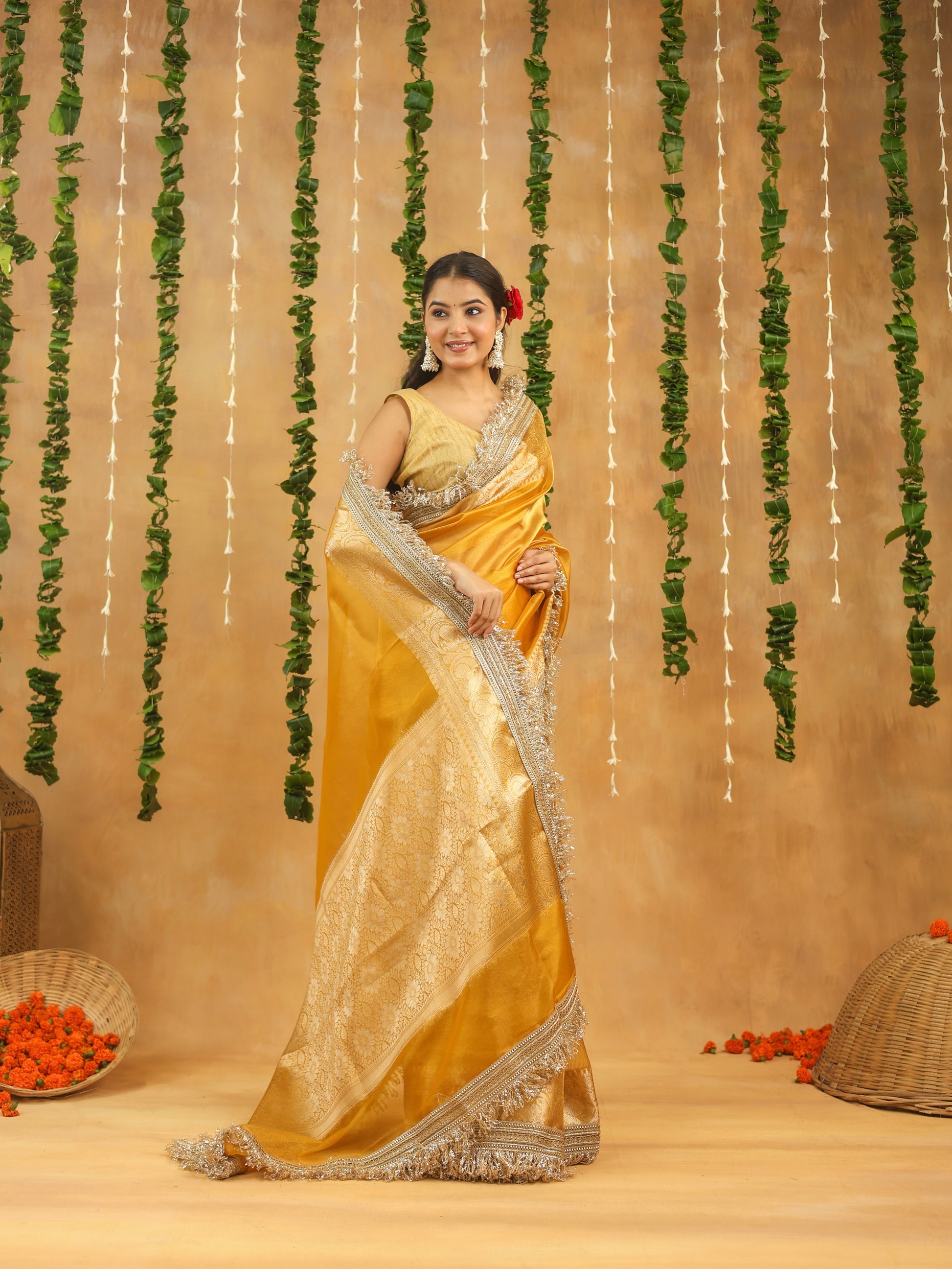 Yellow Banarasi Tissue Silk Saree with Gota Patti Work