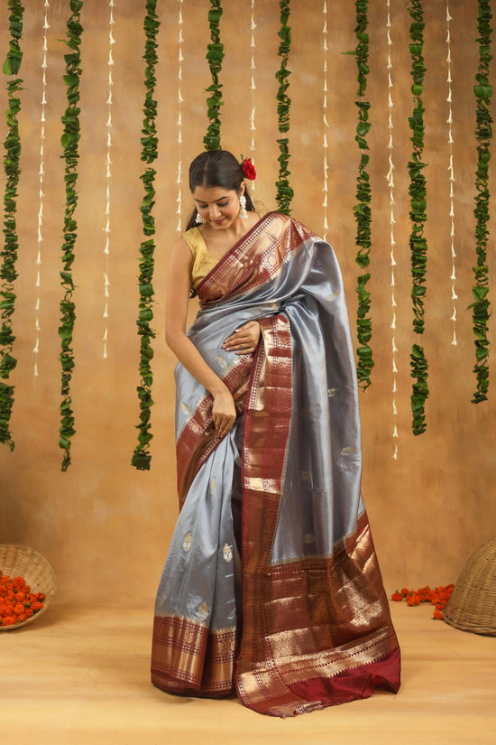 Handwoven Antique Grey Banarasi Raw Mango Silk saree with Antique Wine Zari