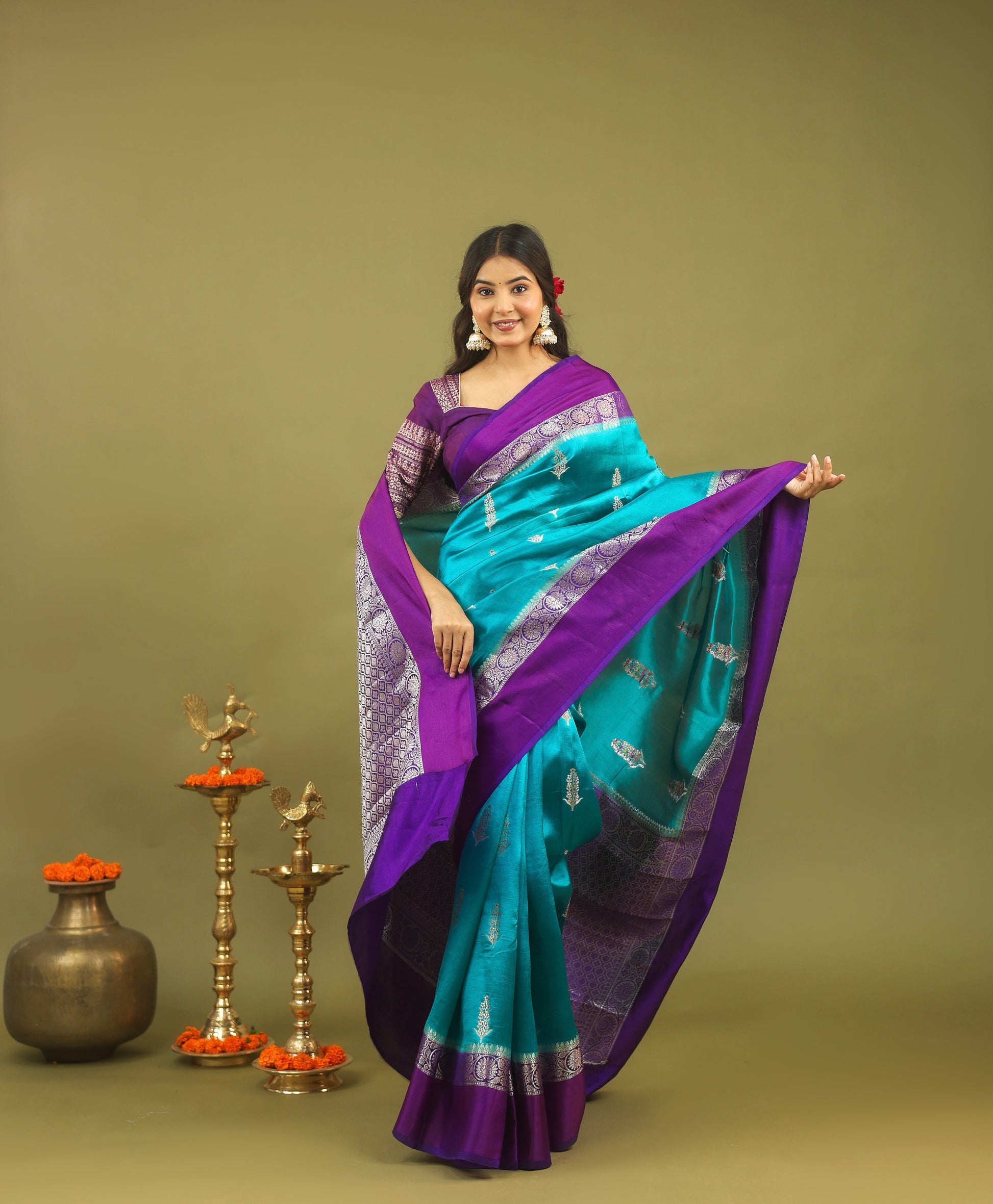 Regal Banarasi Raw Silk Saree in Teal Blue with Royal Purple Border & Silver Zari