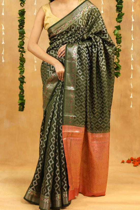 Green-Gold Geometric Pure Tussar Silk Saree with Zari Border
