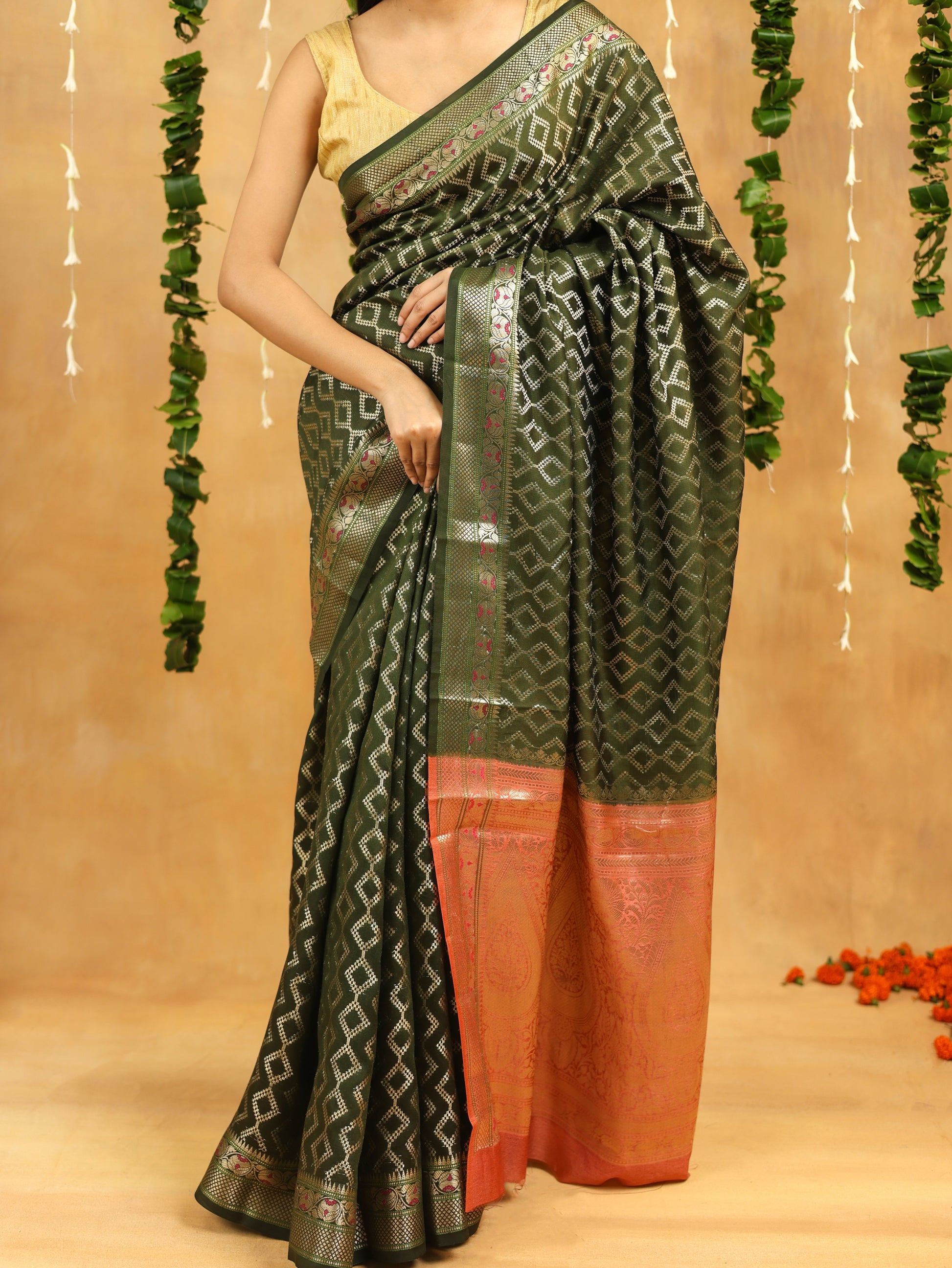 Green-Gold Geometric Pure Tussar Silk Saree with Zari Border