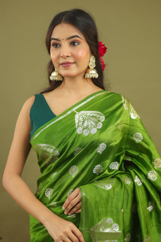 Parrot Green Pure Tussar Silk Saree with Silver Zari Buta & Rich Pallu