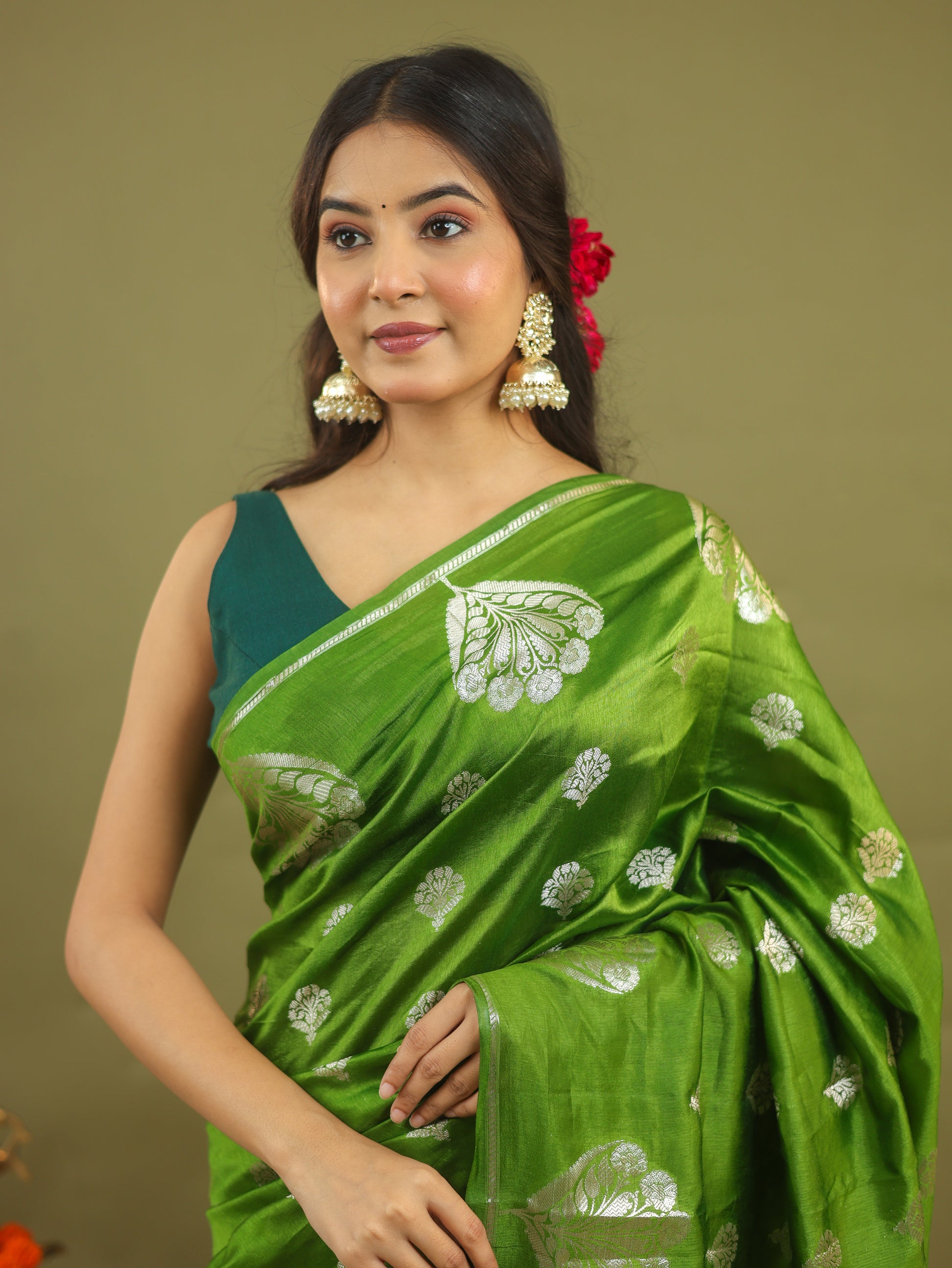 Parrot Green Pure Tussar Silk Saree with Silver Zari Buta & Rich Pallu