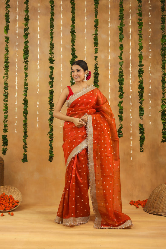 Orange Banarasi Tissue Silk Saree with Golden Zari