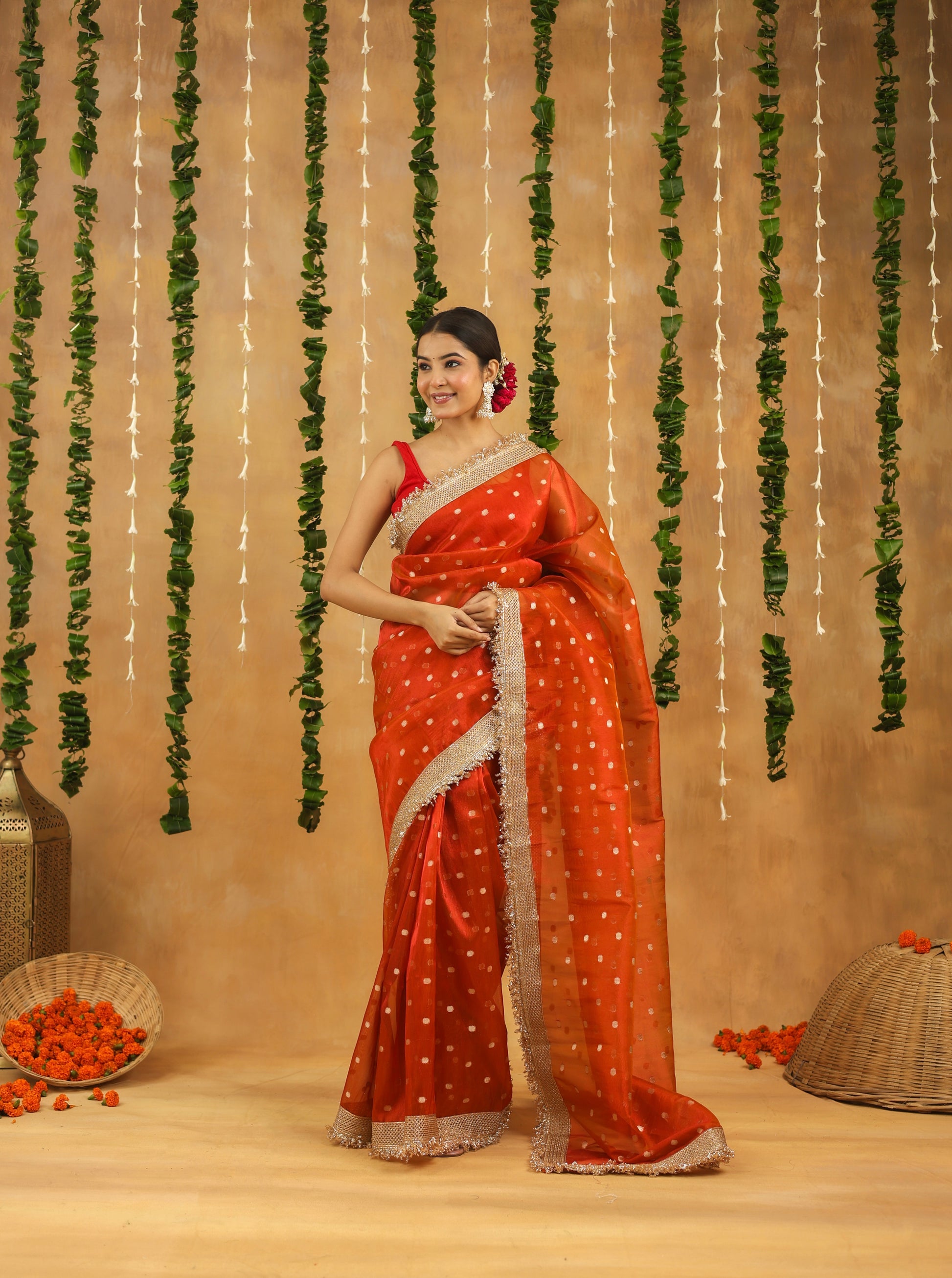 Orange Banarasi Tissue Silk Saree with Golden Zari
