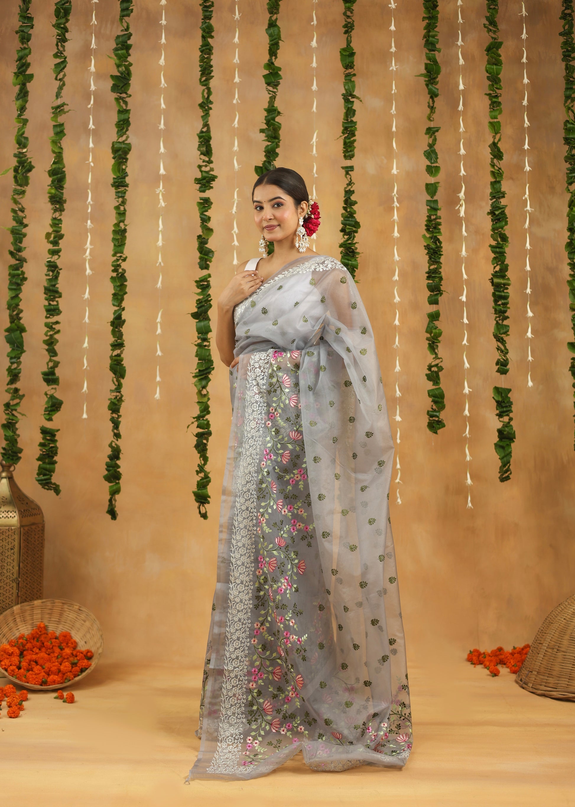 Silver Grey with Multi Color Floral Embroidered Organza Saree