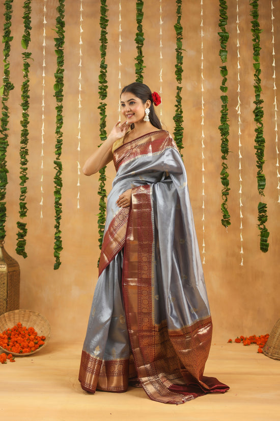 Handwoven Antique Grey Banarasi Raw Mango Silk saree with Antique Wine Zari
