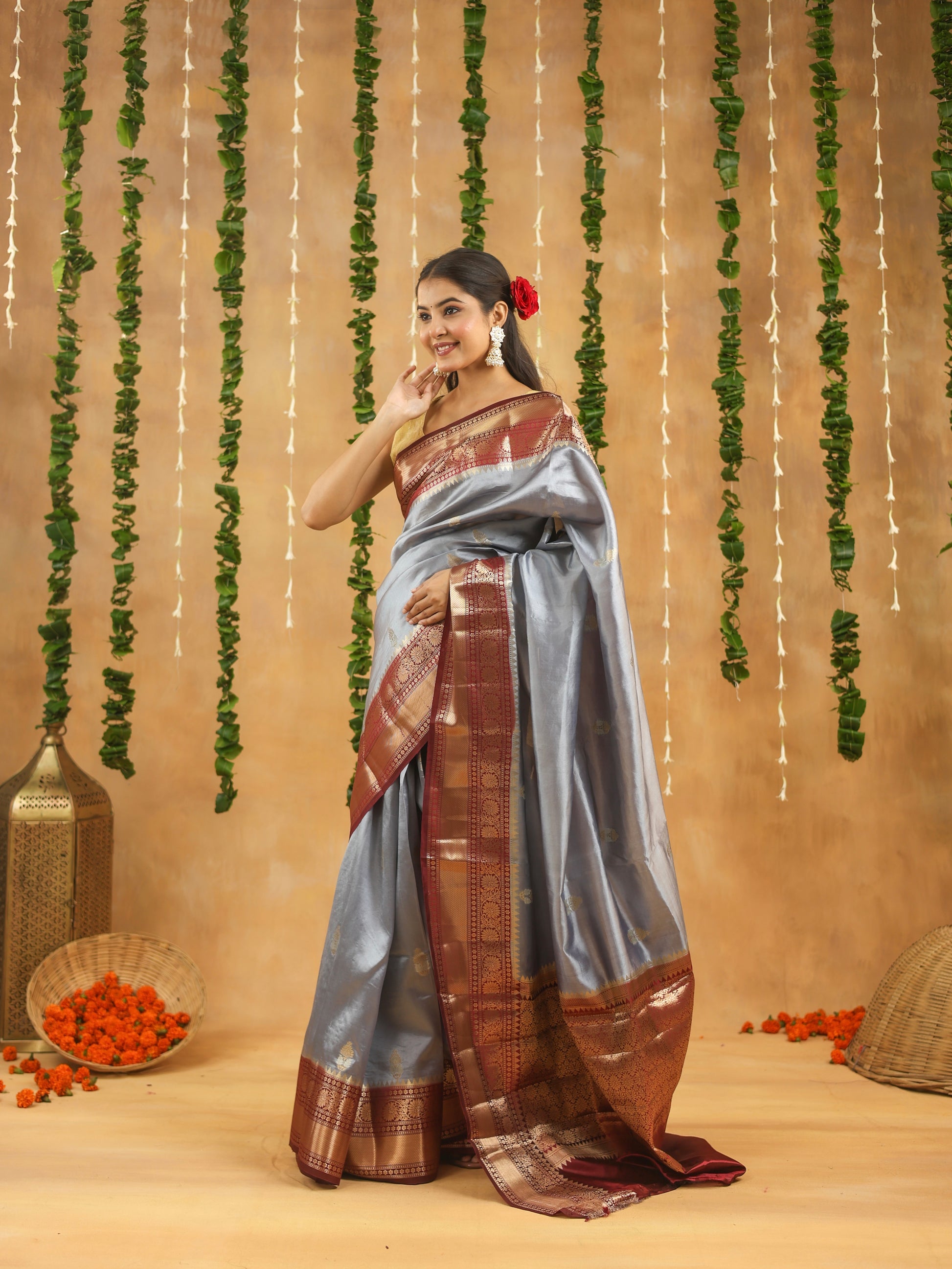Handwoven Antique Grey Banarasi Raw Mango Silk saree with Antique Wine Zari