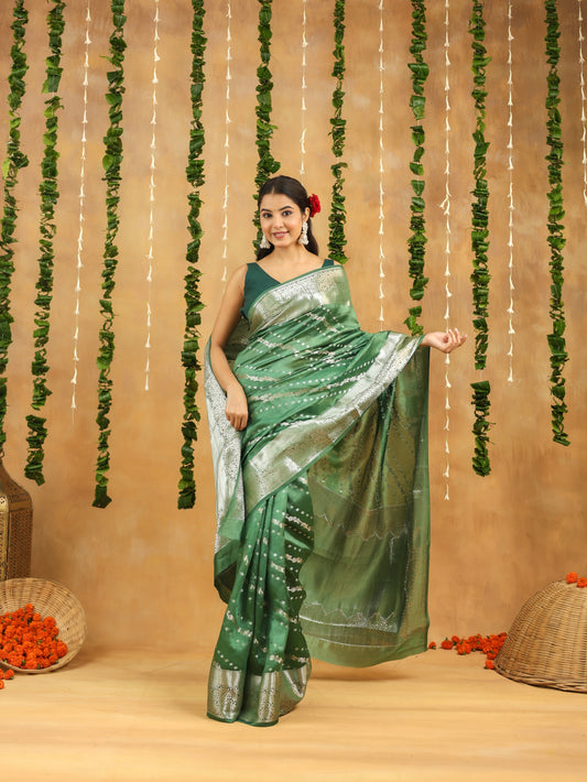 Banarasi Pure Viscose Silk Saree in Forest Green with Silver Zari Border