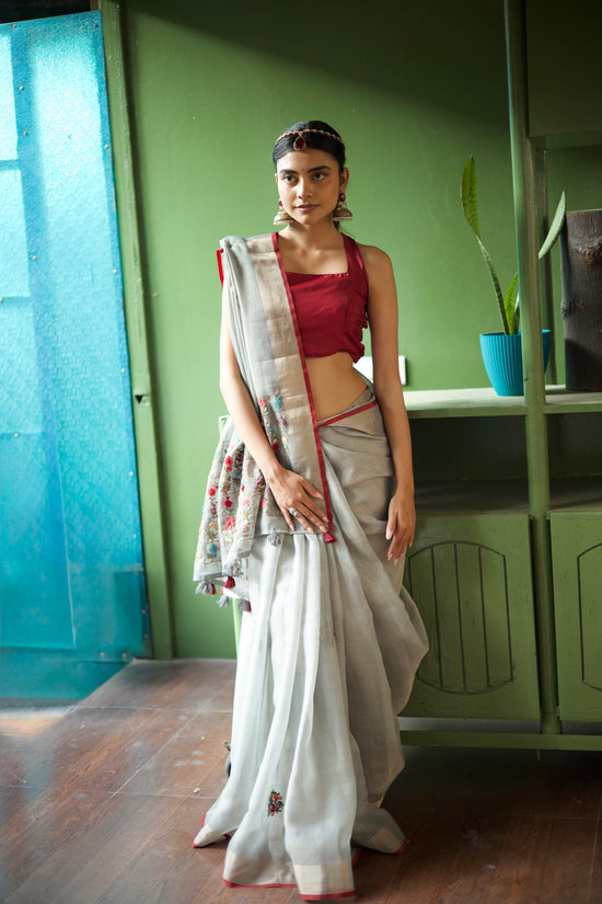 Premium Tissue Linen Saree with Hand Embroidery- grey